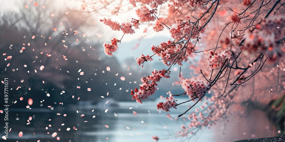 Sakura blossoms against the background of the river. Hanami. AI generation. - obrazy, fototapety, plakaty 