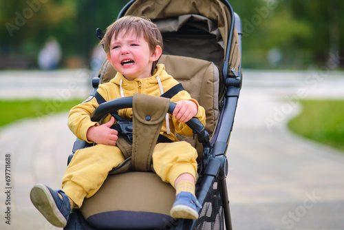 The unhappy child's face shows stress as he crying in the stroller during the park walk. Kid aged two years (two-year-old boy)