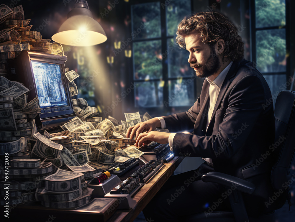 Bróker, inversor de bolsa generando dinero en el ordenador 