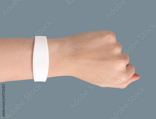 Silicon rubber bracelet mockup, key band with chip on hand wrist photo