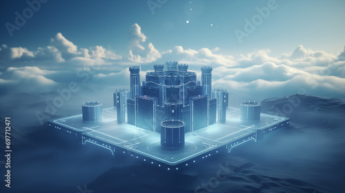 A 3D digital fortress representing secure cloud storage, 3d security, blurred background, with copy space