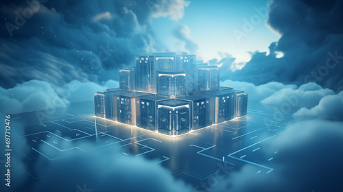 A 3D digital fortress representing secure cloud storage, 3d security, blurred background, with copy space