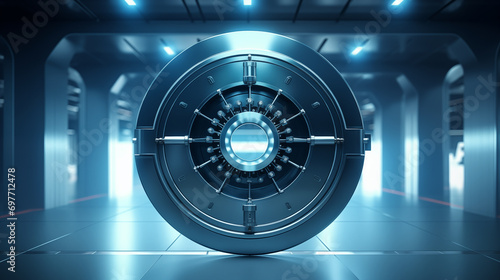 A 3D rendering of a secure steel vault door opening, 3d security, blurred background, with copy space