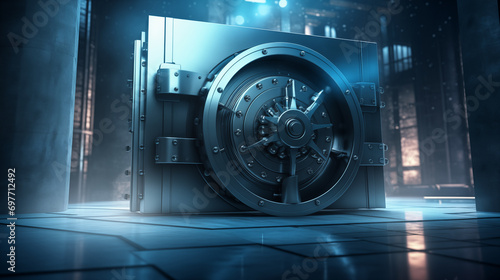 A 3D rendering of a secure steel vault door opening, 3d security, blurred background, with copy space