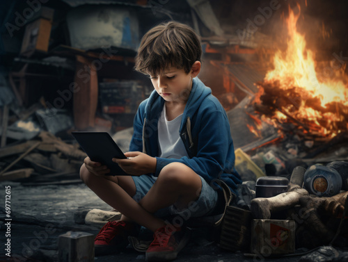 Niño adicto a las pantallas y a las redes sociales mientras el mundo pasa a su alrededor photo