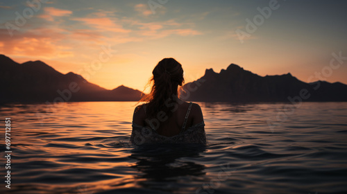Mujer bañándose entre montañas en Indonesia en un lago con un atardecer impresionante