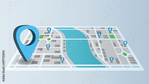 flat background of route navigation location city map with blue pin