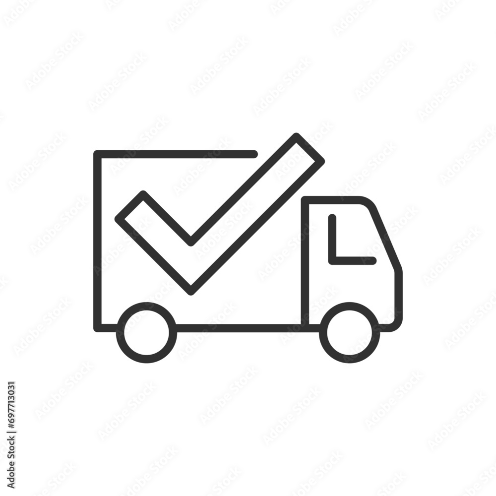 Successful delivery, linear icon. A Truck and a checkmark. Transport completed. Line with editable stroke Successful delivery, linear icon. A Truck and a checkmark. Transport completed. Line with editable stroke
