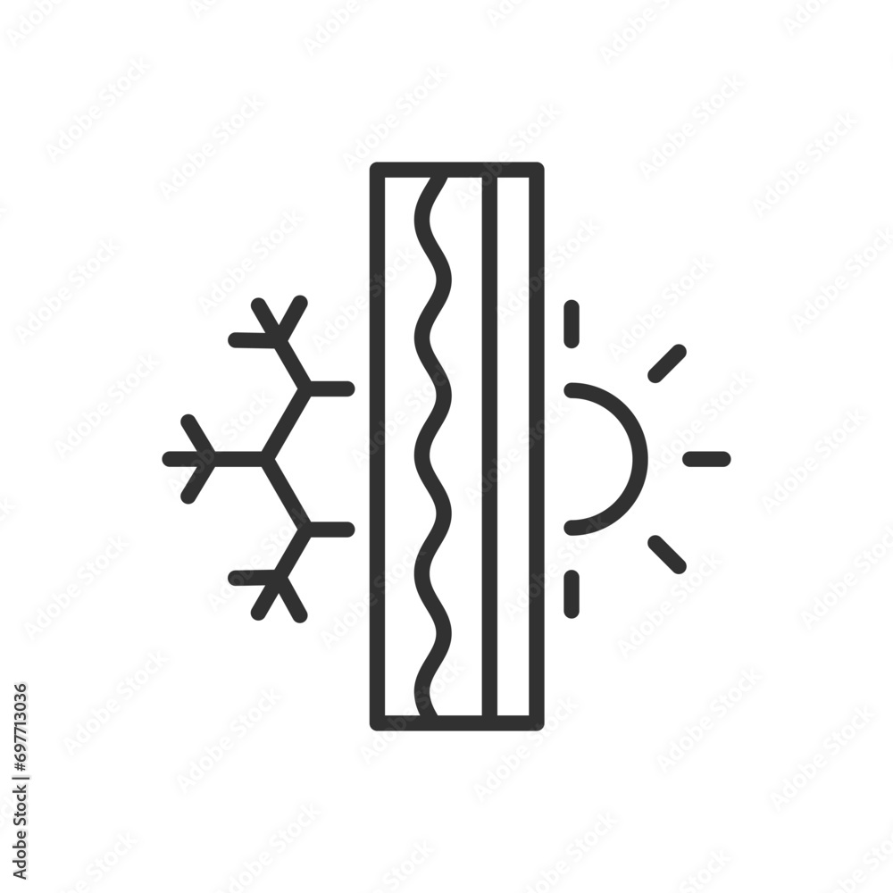 Thermal insulation of the wall, linear icon, cold and heat. Effect of frost and effect of sun. Line with editable stroke Thermal insulation of the wall, linear icon, cold and heat. Effect of frost and effect of sun. Line with editable stroke