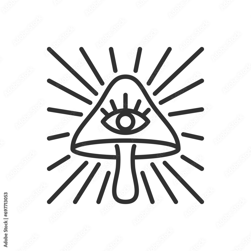 Magic psychedelic mushroom, linear icon. Mushroom and rays. travelling to the level of consciousness. Line with editable stroke Magic psychedelic mushroom, linear icon. Mushroom and rays. travelling to the level of consciousness. Line with editable stroke