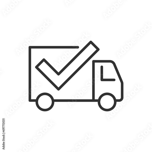 Successful delivery, linear icon. A Truck and a checkmark. Transport completed. Line with editable stroke