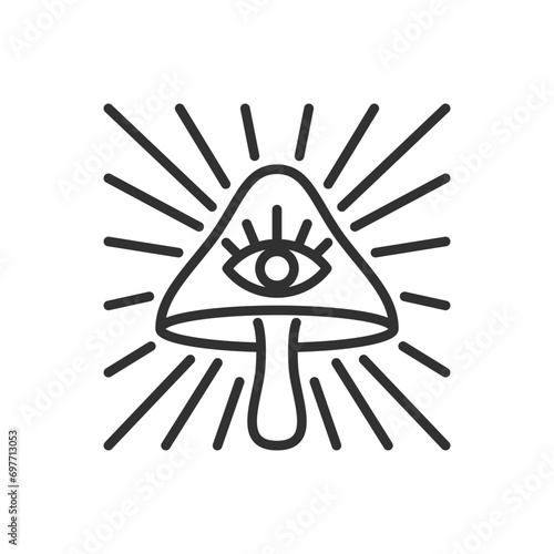 Magic psychedelic mushroom, linear icon. Mushroom and rays. travelling to the level of consciousness. Line with editable stroke
