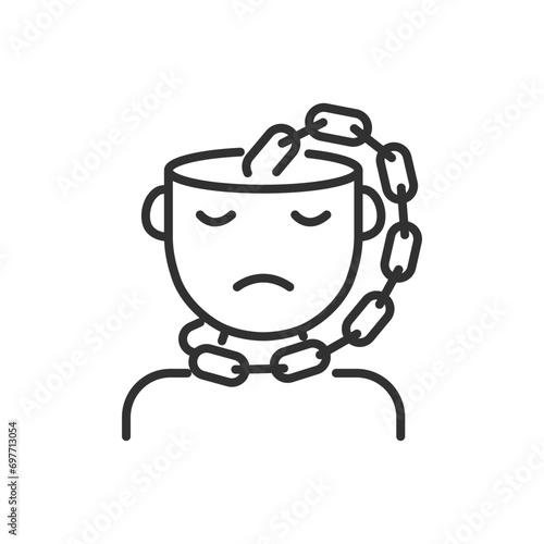 Irrational beliefs, linear icon. Limitation. A chain from the head wraps around the neck. A person makes himself worse by his thoughts. Line with editable stroke