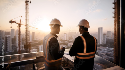 Structural engineer and foreman worker. Engineer teams meeting working together wear worker helmets on skyscraper building construction. Generative AI photo