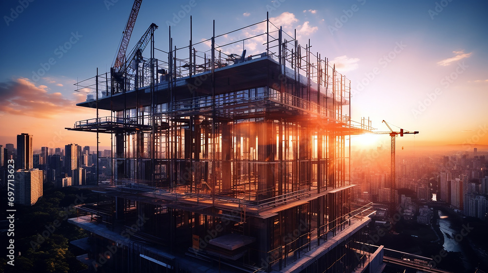 Skyscraper building during construction. Construction site, crane, engineering and architecture concept. Generative AI Skyscraper building during construction. Construction site, crane, engineering and architecture concept. Generative AI