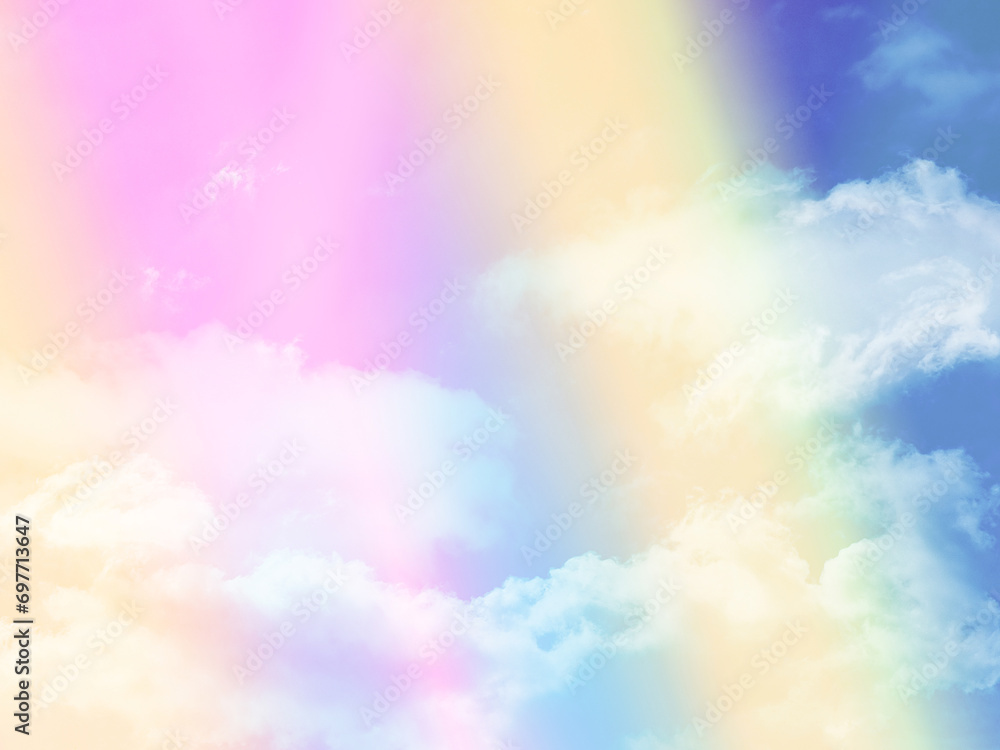 beauty abstract sweet pastel soft yellow and pink with fluffy clouds on sky. multi color rainbow image. fantasy growing light
