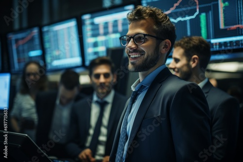 Portrait of happy trader or broker working at stock exchange office. background of his business team. Investment Entrepreneur Trading Concept. photo