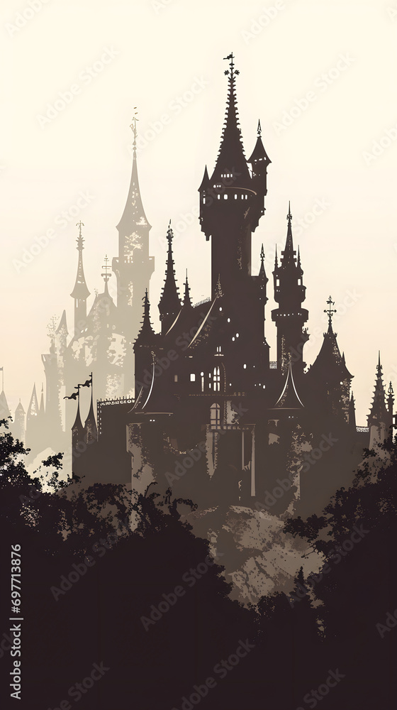 Majestic Gothic Castle Silhouette Illustration in Sepia Tones