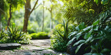 Tranquil Garden Pathway Surrounded by Lush Greenery and Tropical Plants