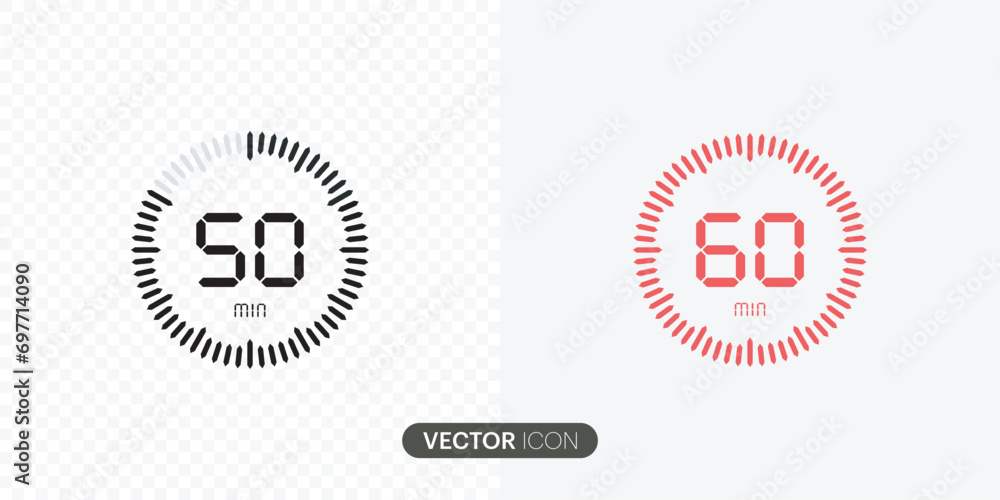 Set of timer.50 minutes, stopwatch vector icon.Timers collection,60 minutes Countdown timer symbol icon in flat style, vector illustration. - obrazy, fototapety, plakaty 