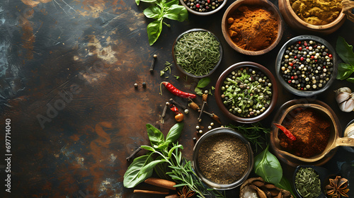 Assorted Organic Spices and Herbs on Rustic Kitchen Rack