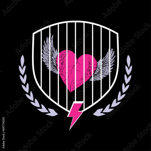T-shirt design of a winged heart locked in a cage. Conceptual illustration.