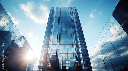 Bottom up view of reflective skyscraper buildings. Business office center in the big city, high rise building covered in glass window. Generative AI