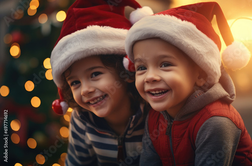 two kids wearing santa hats in holiday scene