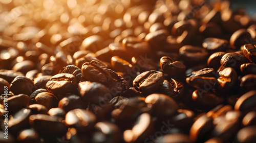 Golden Morning Light on Fair Trade Coffee Beans with Burlap Texture