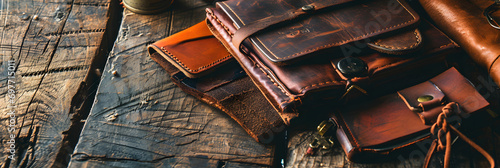 Assorted Handcrafted Leather Wallets on Textured Wooden Surface photo