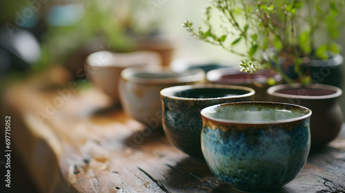 Assorted Handmade Ceramic Tea Cups on Rustic Wooden Table