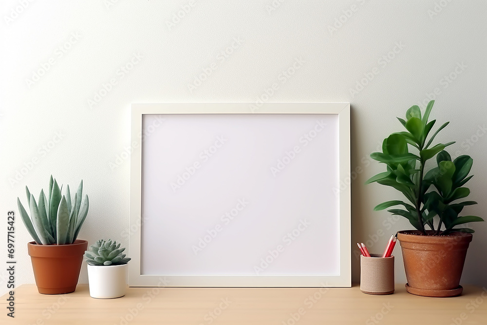 Blank frame mockup desk. Empty white poster frame on the wall of living room. Modern contemporary design of luxurious cozy home interior, apartment background. Generative AI Blank frame mockup desk. Empty white poster frame on the wall of living room. Modern contemporary design of luxurious cozy home interior, apartment background. Generative AI