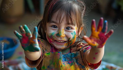 Cheerful Kid Enjoying Art and Craft with Finger Paints