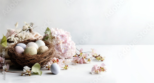 Easter eggs in nest on grey background. Easter background with eggs and spring flowers. Top view with copy space.