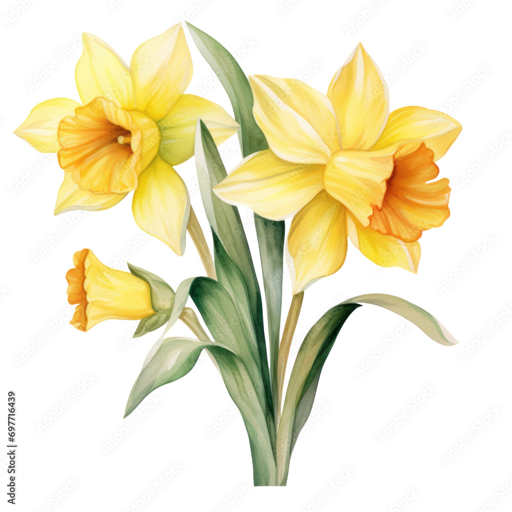 yellow Narcissus ,illustration watercolor, celebrated in art and literature, different cultures, ranging from death to good fortune, and as symbols of spring.