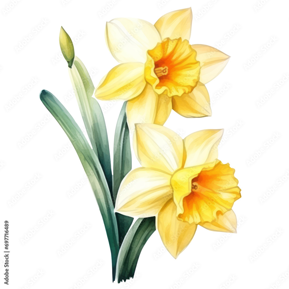 yellow Narcissus ,illustration watercolor ,celebrated in art and literature, different cultures, ranging from death to good fortune, and as symbols of spring.