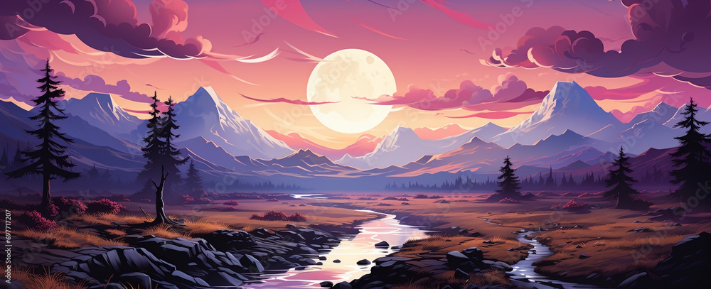 wide panoramic landscape Illustration scenery drawing with evening sun dawn with colorful warm effect and clouds awith bright sky through mountain range landscape  
