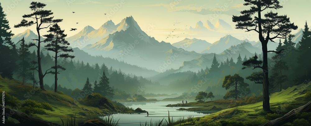 wide panoramic landscape Illustration scenery drawing, morning sunrise with colorful cool bluish effect and clouds with bright sky through foggy, greeny mountain range coved with forest - obrazy, fototapety, plakaty 