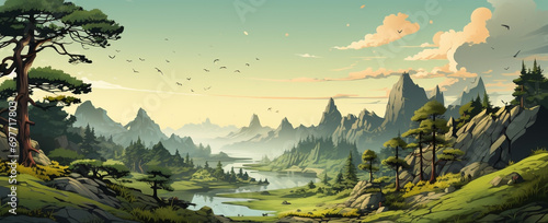 wide panoramic landscape Illustration scenery drawing, morning sunrise with colorful cool bluish effect and clouds with bright sky through foggy, greeny mountain range coved with forest photo