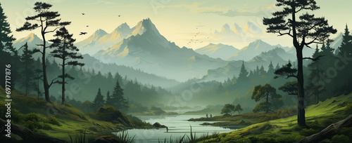 Foto wide panoramic landscape Illustration scenery drawing, morning sunrise with colo
