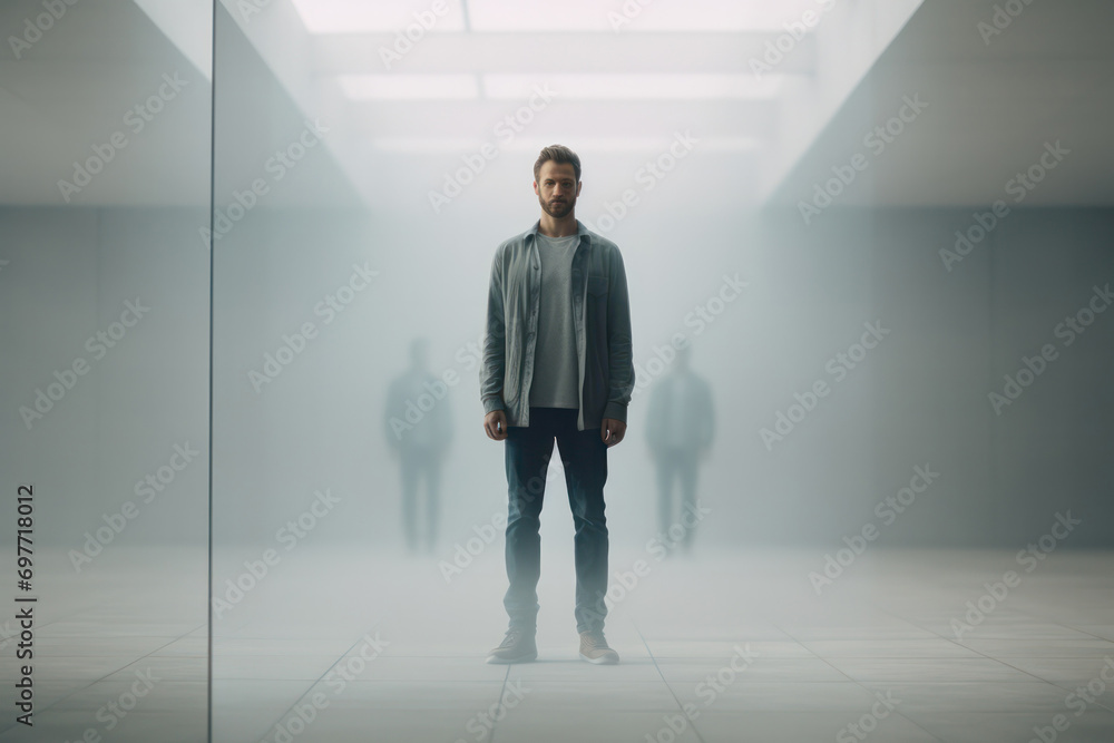 Mirrored Dimensions, Asian Man Surrounded by Reflective Surfaces, Creating a Captivating of Images Mirrored Dimensions, Asian Man Surrounded by Reflective Surfaces, Creating a Captivating of Images
