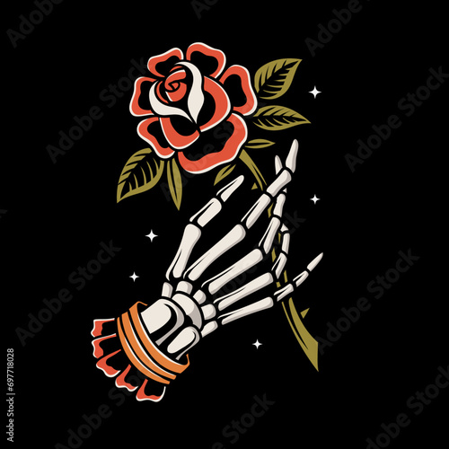 skeleton hand holding a rose vector old school tattoo vintage tattoo style illustration