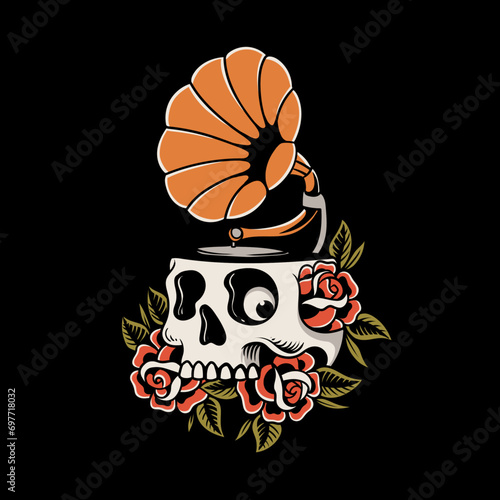 skull head with gramophone skeleton vector old school tattoo vintage tattoo style illustration