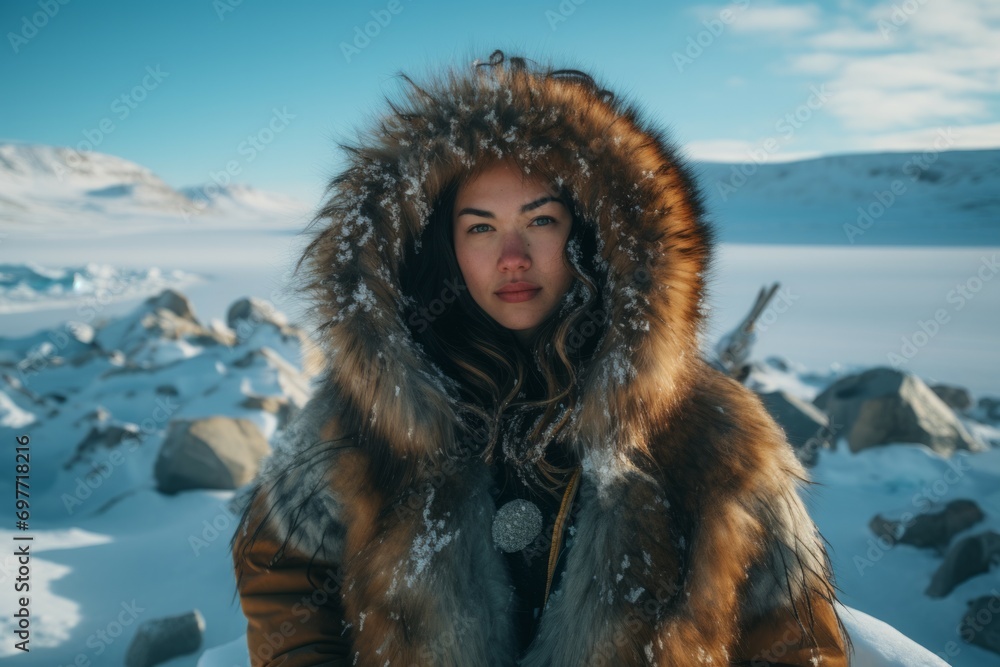 Portrait of a beautiful young woman in a winter blizzard. The blizzard is blinking. Snowing. Close-up portrait of a woman Portrait of a beautiful young woman in a winter blizzard. The blizzard is blinking. Snowing. Close-up portrait of a woman