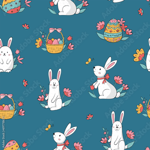 Easter seamless pattern with doodled rabbits, flowers and eggs ob dark blue background for wallpaper, textile prints, scrapbooking, stationary, wrapping ppaer, etc. EPS 10