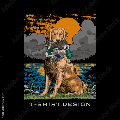 vector illustration of a hunting dog carrying a duck in a swamp with color