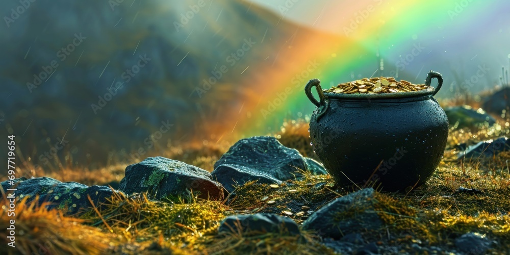 A pot of gold at the end of the rainbow it's raining against the backdrop of green hills, st. patrick day, banner - obrazy, fototapety, plakaty 