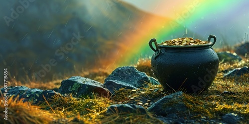 A pot of gold at the end of the rainbow it's raining against the backdrop of green hills, st. patrick day, banner photo