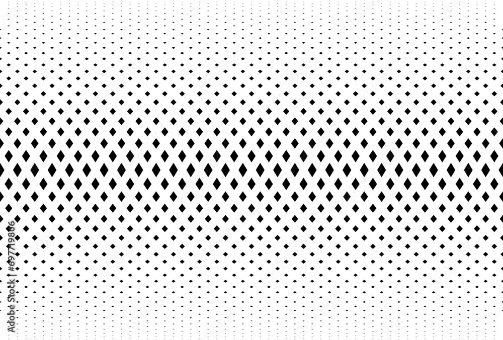 Geometric pattern of black diamonds on a white background.Seamless in one direction.Option with an average fade out.The radial grid - obrazy, fototapety, plakaty 