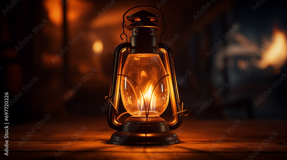 an old-fashioned lantern casting a warm, golden glow on a wooden surface, creating a cozy and mysterious atmosphere in a dark room. The lantern’s metal and glass construction is visible.